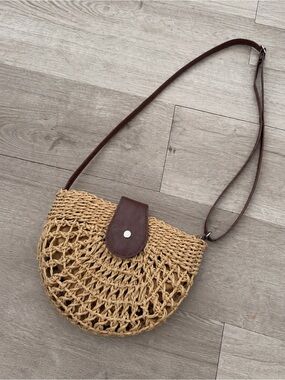 Rattan Shoulder Bag w Vegan Leather Strap Retro Straw Purse Boho Coastal Beachy